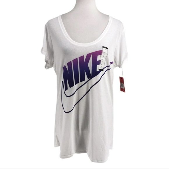 Nike Tops - Nike White Scoop Neck Short Sleeve T-Shirt with Purple Logo Swoosh